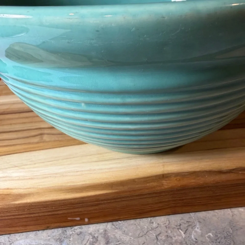 Vintage Aqua Turquoise Ribbed Pottery Mixing Bowl 10.5